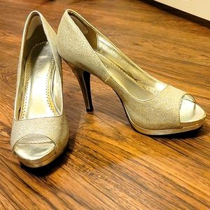 Sparkly silver open-toed stilettos 10M
